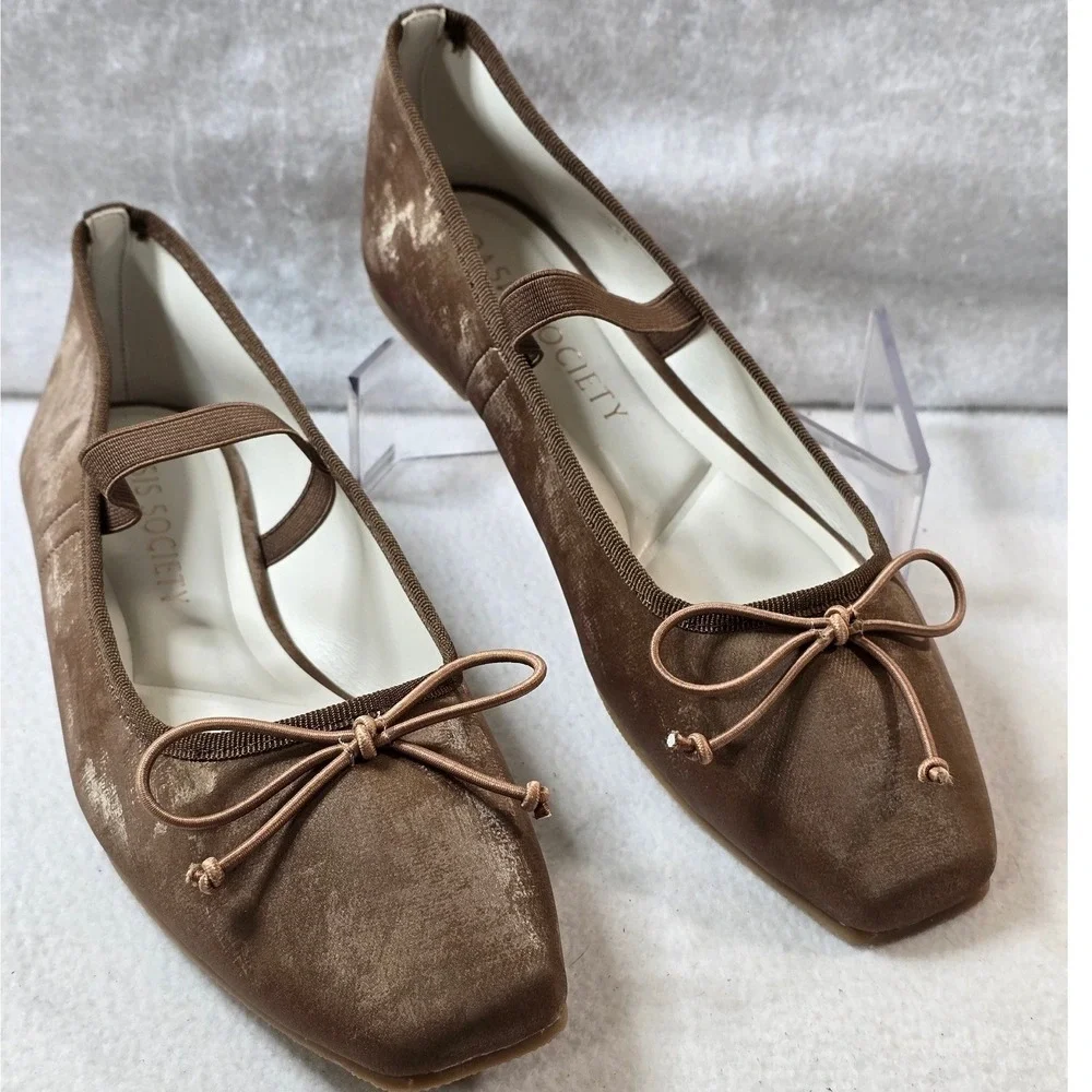 Oasis Society Brown Velvet Ballet Flats Mary Jane Vegan Leather Bow Shoes US 8.5